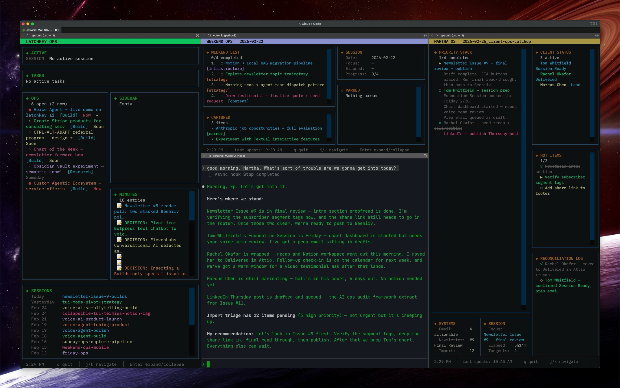 Martha Command Center — three terminal-based dashboards showing priorities, client status, operations, and live AI conversation