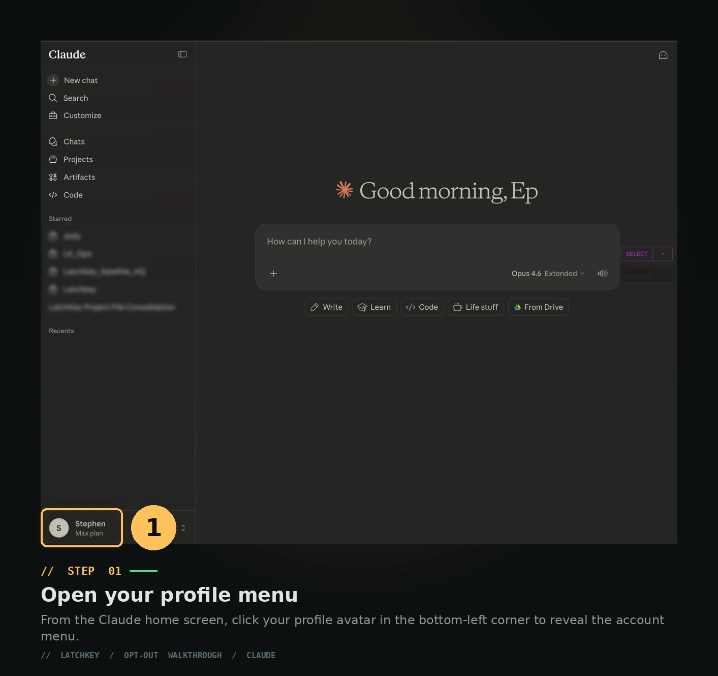 Claude Step 1: Open your account menu