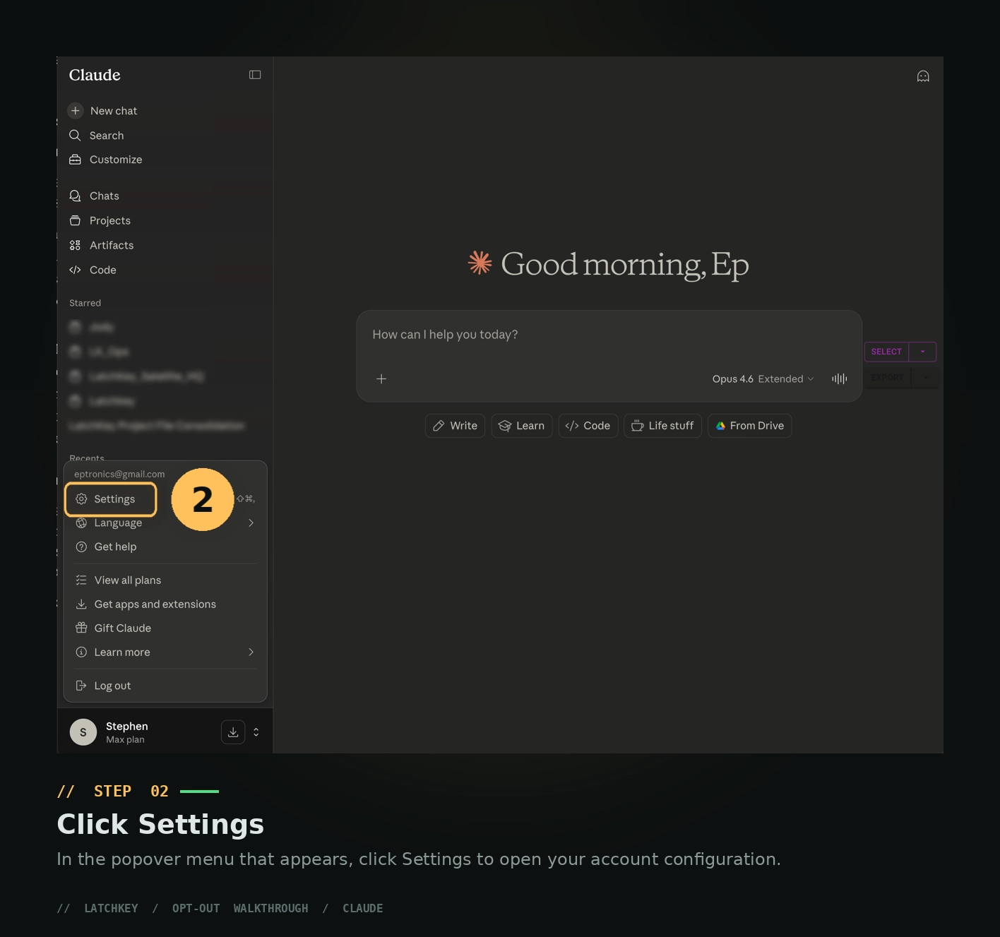 Claude Step 2: Navigate to Settings