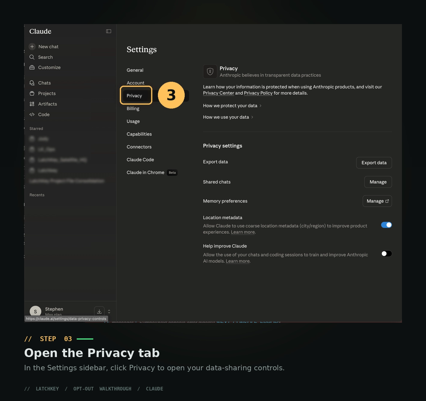 Claude Step 3: Find the Privacy section