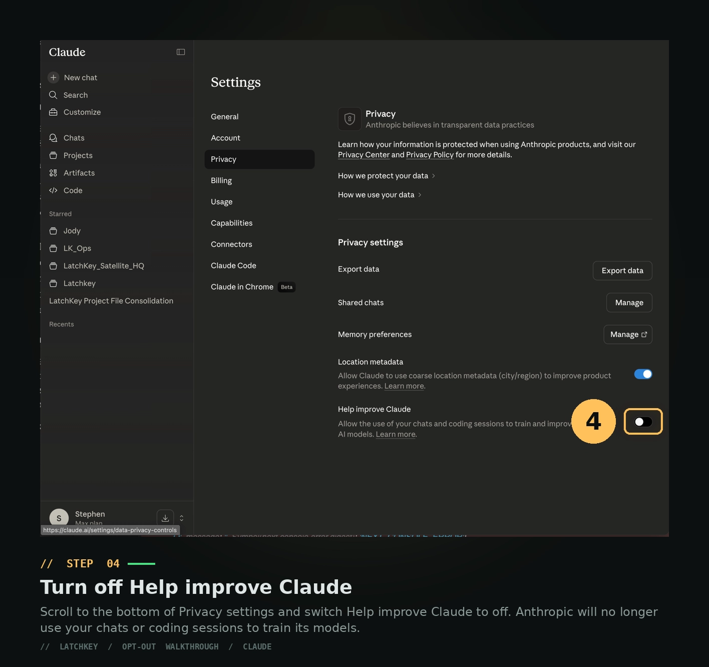Claude Step 4: Toggle off training data