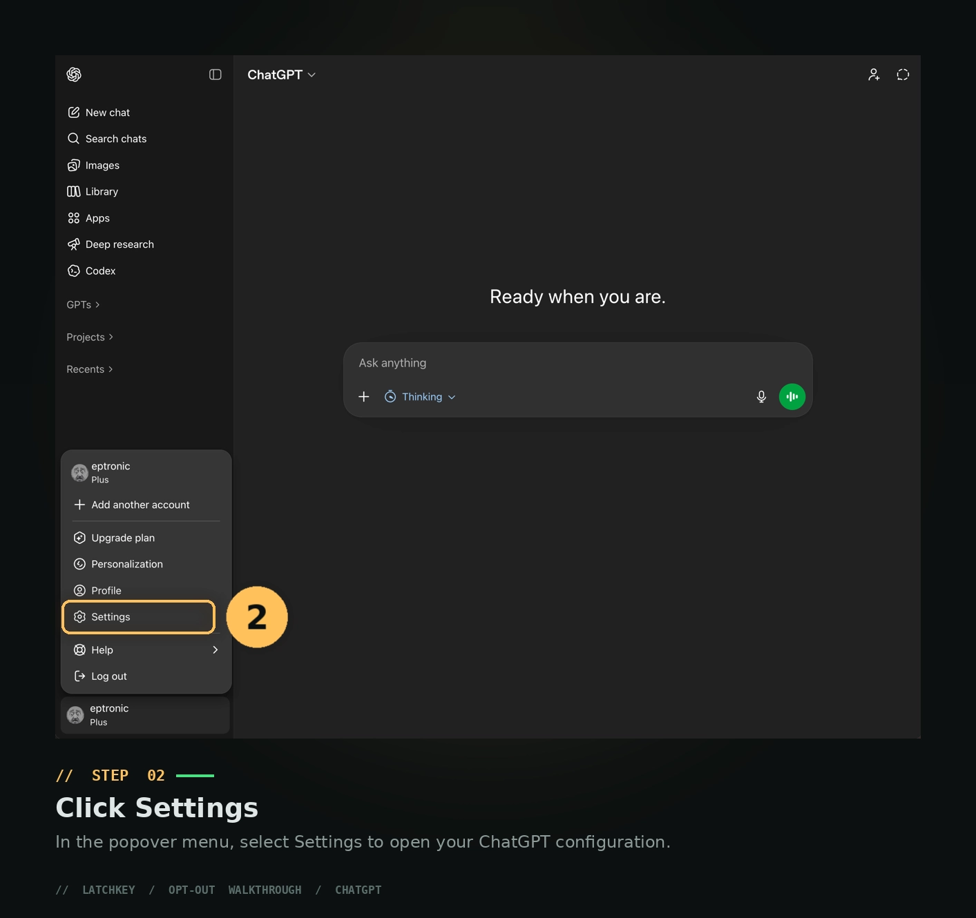 ChatGPT Step 2: Navigate to Settings